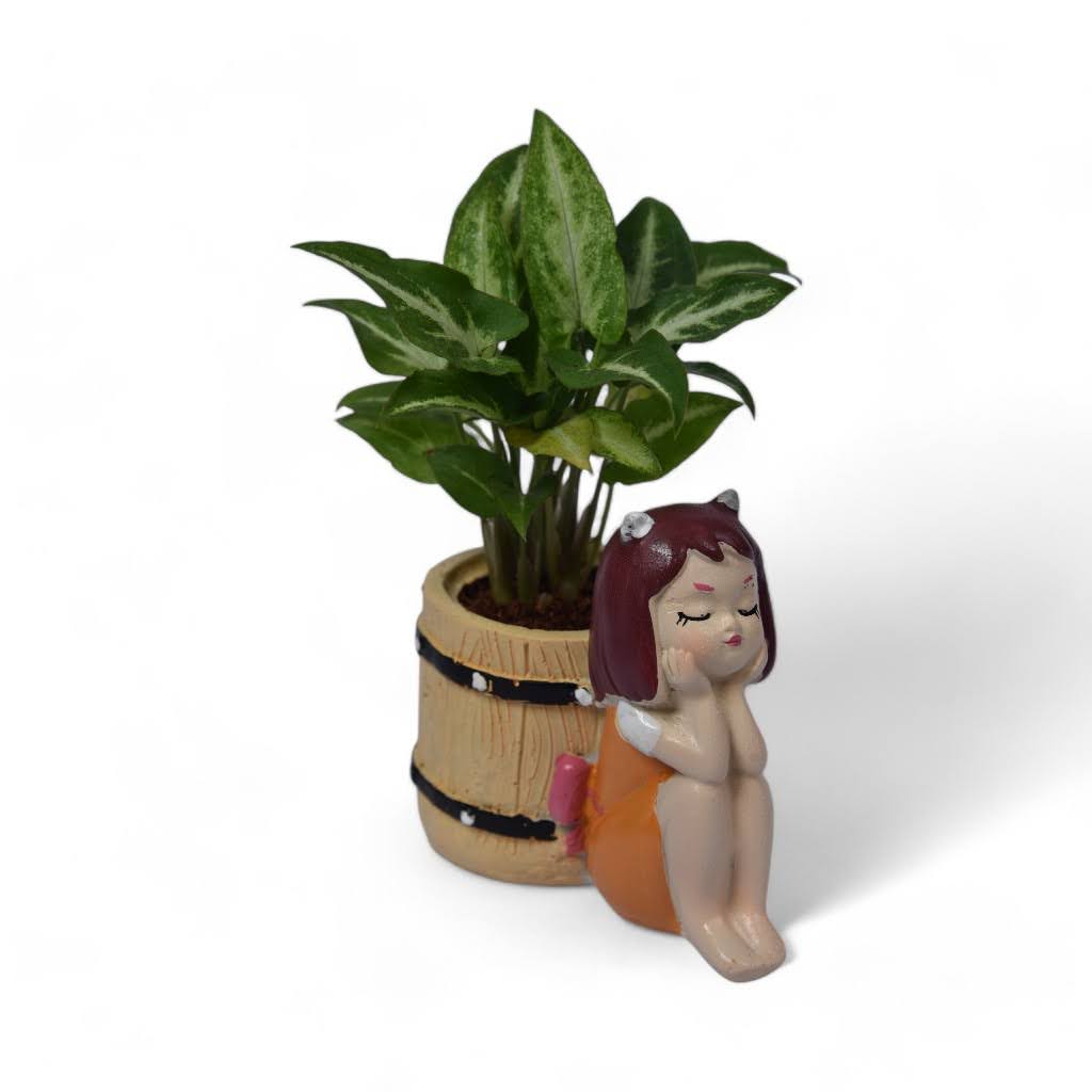 Sitting Basket Girl and Plant Resin Gift